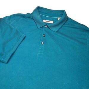 Tommy Bahama Polo Shirt Mens XL Teal Blue Textured Tencel Short‎ Sleeve Marlin